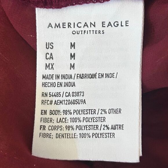 American Eagle Outfitters Blouse Women's Medium Burgundy Floral Chiffon Ruffle - Picture 13 of 13